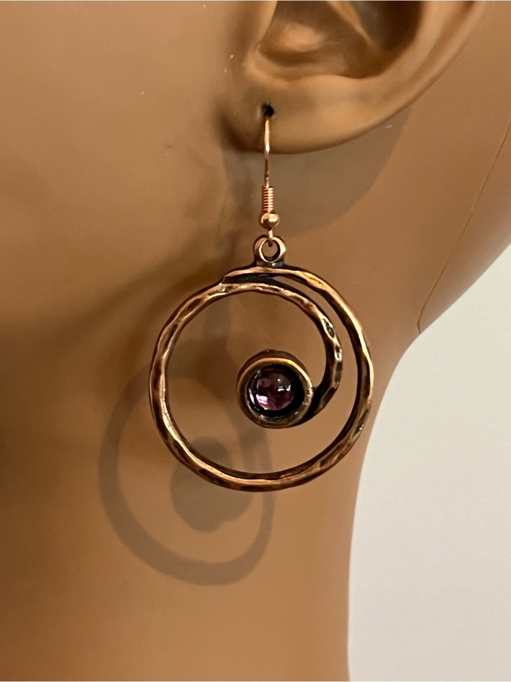 Antique Copper Spiral Hoop with Amethyst Accent Earrings